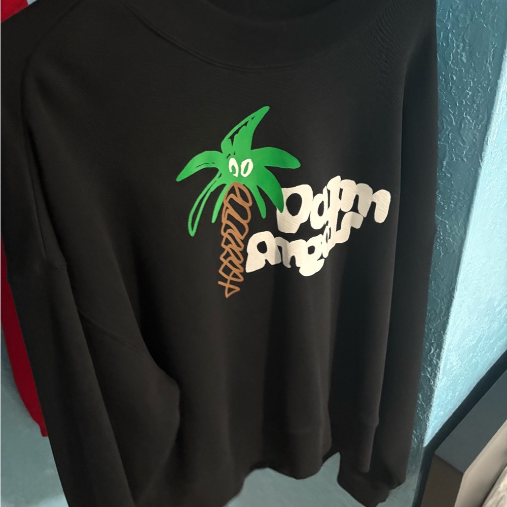 Palm Angels Black Crewneck Sweater with Green Palm Tree
